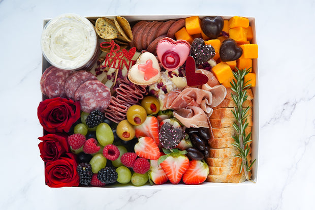 Valentine’s Day Charcuterie Board - Medium Charcuterie Box with red roses